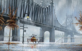 Влюбленные у моста под дождем