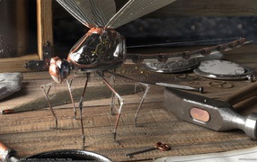 Механическая стрекоза в мастерской