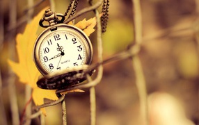 Часы на цепочке и осенний лист