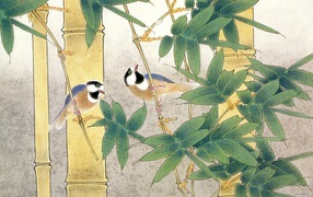 Птицы среди бамбука, японская живопись