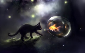 Черный котенок и золотая рыбка, арт