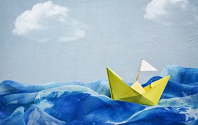Кораблик из бумаги в море, рисунок