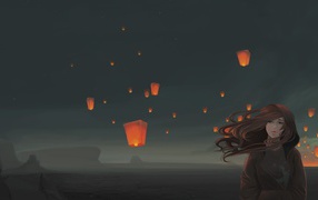 Китайские фонарики за спиной у девушки