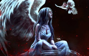 Фентези птица подлетела к девушке, художник NanFe