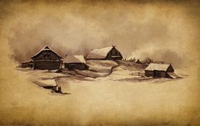 Деревенский пейзаж, рисунок