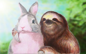 Ленивец обнимает кролика