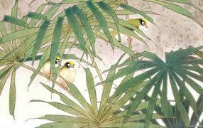 The family of birds in the bush, Japanese painting