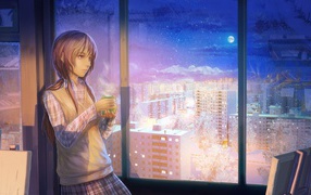 Девушка смотрит на ночной город, работа художника ArseniXC