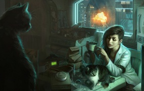 Girl drinking tea surrounded by cats