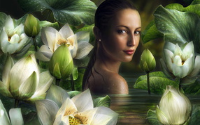 Girl in the water with lilies