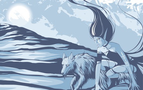 Девушка и волк в горах