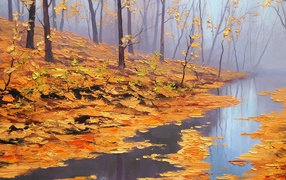 Желтые листья в ручье, картина