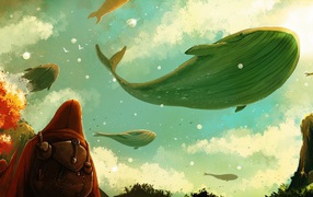 Стая китов пролетает в небе