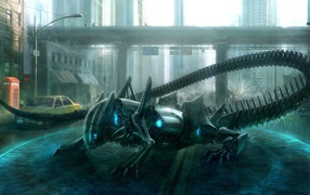 Робот с длинным хвостом на городской улице