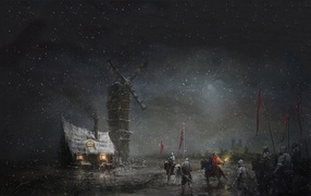 Отряд солдат у ветряной мельницы