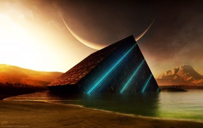 Черный куб в воде озера