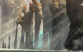 Лодка у подножия каменных столбов