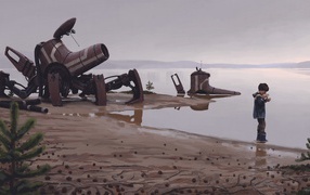 Мальчик возле обломков робота на берегу