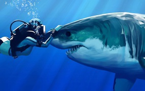 Дайвер гладит акулу