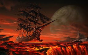 Ghost ship in a fiery sea