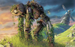 Поросший травой старый робот