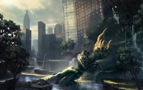 Рука с факелом от статуи Свободы в руинах Нью-Йорка