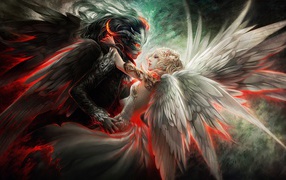 Hugs angel and demon