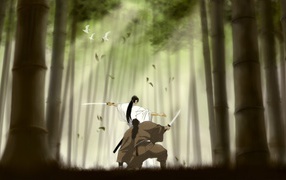 Японские самураи в бамбуковом лесу