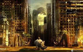 Носорог гуляет в брошенном городе