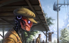 Робот в кепке ждет поезда на платформе