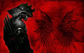 Самурай в доспехах на красном фоне