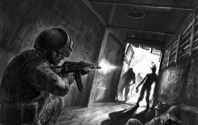 Солдат стреляет в зомби