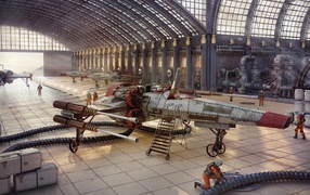 Космический истребитель в ремонтном ангаре