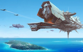 Космический корабль над островом в море