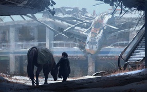 Девушка с лошадью в руинах аэропорта