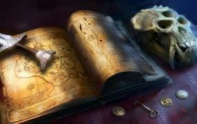 Рукоять меча на книге с картами