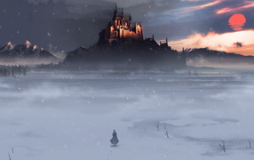 Человек идет по пустыне к городу