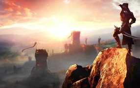 Воин смотрит на боевой лагерь