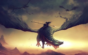 Воин с копьем верхом на драконе