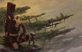 Девушка солдат с роботом помощником