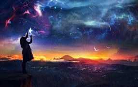 Женщина поправляет звезды в небе