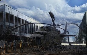 Разбитый вертолет зарос, постапокалипсис