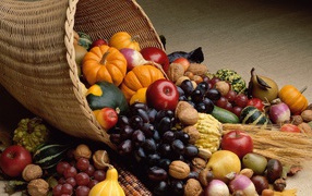 Fruits and vegetables in a cornucopia