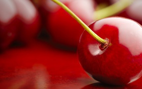 Красная вишня на красном столе