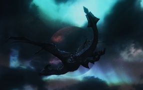 Черный дракон на фоне планеты в игре The Elder Scrolls V Skyrim