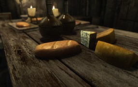 Хлеб и куски сыра на столе в игре