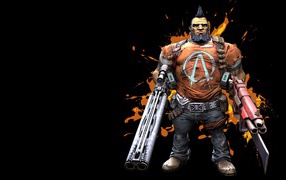 Персонаж игры Borderlands 2 с оружием на черном фоне