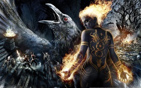 Девушка и ворон в игре Dungeon Siege III