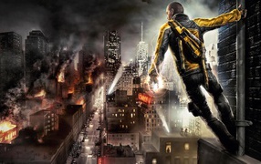 Герой видеоигры смотрит на пылающий город