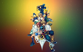 Герои игры Kingdom Hearts на радужном фоне